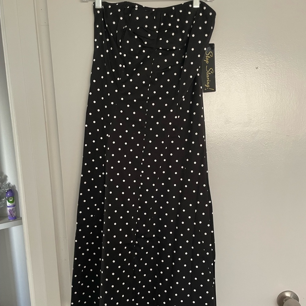 NWT Stop Staring Strapless Black w/white Polkadots strapless dress Large